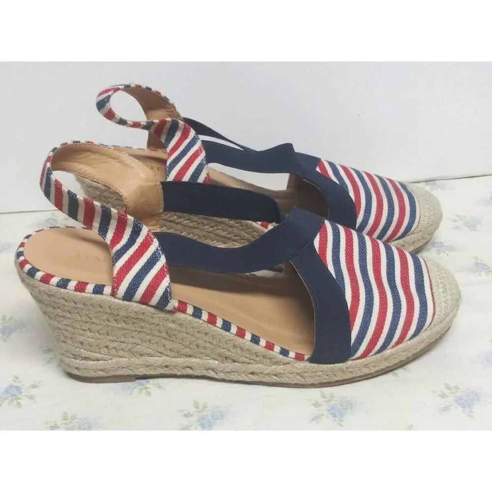 Wanted Essex Espadrille Sandals Blue Red Stripe Wedge Sling Back womens Sz 10
